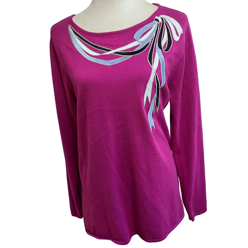 Bob Mackie Wearable Art Magenta Embroidered Bow Sweater Y2K Size M